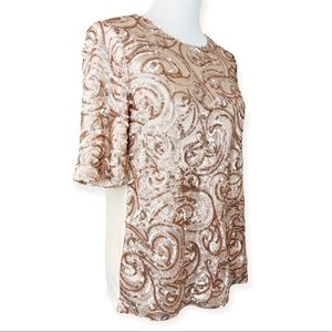 Cremieux Gold Swirl Sequin Short Sleeve Back Zip Blouse